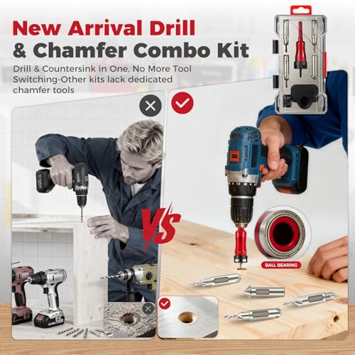 BURMONG 5-Piece Countersink Drill Bit Set with Bearing Depth Stop & Chamfer Tool, 1/4" Hex Shank Quick Change Bi-Directional Cutting Edges for Woodworking (with Adjustable Bearing Depth Stop) - style: With Adjustable Bearing Depth Stop