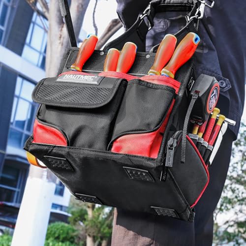 HAUTMEC Heavy Duty Electrician Tool Bag with Removable Parts Tray, 37-Pocket Tool Tote Organizer, Open Top Tool Carrier with Shoulder Strap for Electrician, HVAC, Mechanic & Maintenance – HT0174