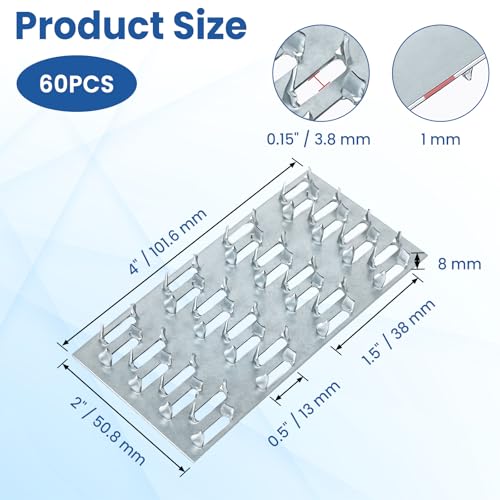 60 Pack Truss Plates, 4" x 2" Pronged Truss Mending Plate with Nail Teeth, Galvanized Steel Repair Tie Plate Bracket for Roofting Truss Wood Timber Connector - size: 4" x 2"