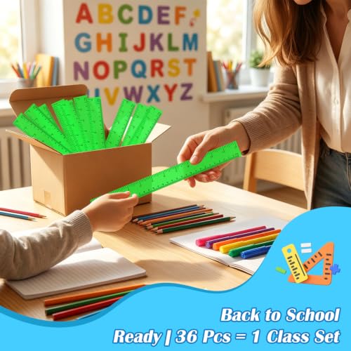 36 Pack 12" Clear Green Plastic Rulers, Back to School Measuring Supplies - color: Green