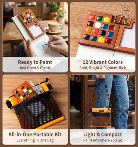 12-Color Travel Watercolor Set with Clip-On Wood Palette