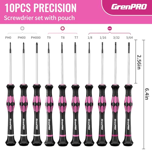 GRENPRO 10-Piece Precision Screwdriver Set, Magnetic Small Screwdrivers with Phillips, Slotted, Torx Star for Eyeglass, Watch, Computer, Laptop, Phone,Pink - color: Pink