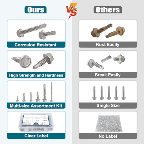SATANTECH #8#10#14 Self Drilling Screws Assortment Kit,410 Stainless Steel Self Tapping Sheet Metal Screws Hex Washer Head,370Pcs Self Tapping Screws for Metal Wood Plastic,1/2" 3/4" 1" 1-1/2" 2"
