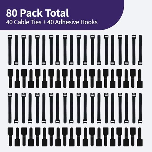 80 Pack Cable Management Kit, Adjustable Hook and Loop Cable Ties, Heavy Duty Detachable Cable Straps and Self Adhesive Hooks, Reusable Cord Holder, Cable Hider for Desk/TV/Home Office, Black