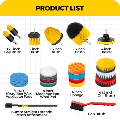 Holikme 22Pack Drill Brush Attachments Set,Scrub Pads & Sponge, Buffing Pads,Power Scrubber Brush,Car Polishing Pad Kit,Wax Applicator Pad,Car Cleaning Kit,Masonry Brushes,Cleaning Supplies - color: Yellow