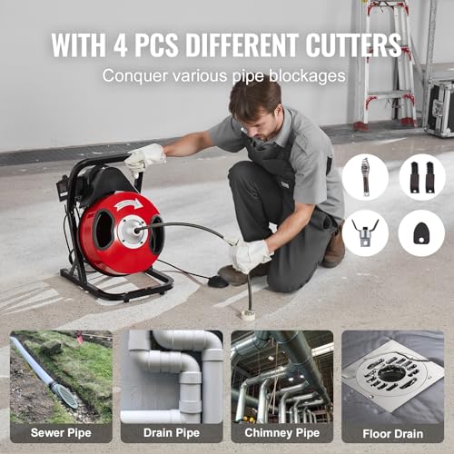 VEVOR Drain Cleaner Machine 50FT x 1/2 Inch, Manual Feed Sewer Snake Auger - with 4 Cutters & Air-activated Foot Switch for 2" to 4" Pipes - style: 50 FT x 1/2''