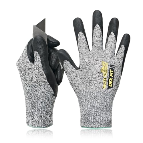 DEX FIT Cut Resistant Gloves Cru453 - ANSI A5, 3D Comfort Fit, Power Grip, Thin & Breathable, Touchscreen - Mechanic, Warehouse, Package Handler Gloves for Men & Women; Gray, L (9), 1 Pair - size: Large