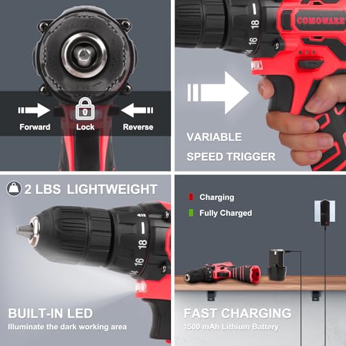 COMOWARE 12V Cordless Drill Set, 169Pcs Hand Tool Set with Cordless Drill Driver, Complete Repair Tool Kit for Men, Storage Bag, Ideal for Office, Garden, Dorm and DIY Project - color: Red Tool