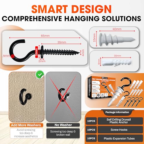 10PCS Screw Hooks + Self-Drilling Drywall Anchor, Expansion Tubes