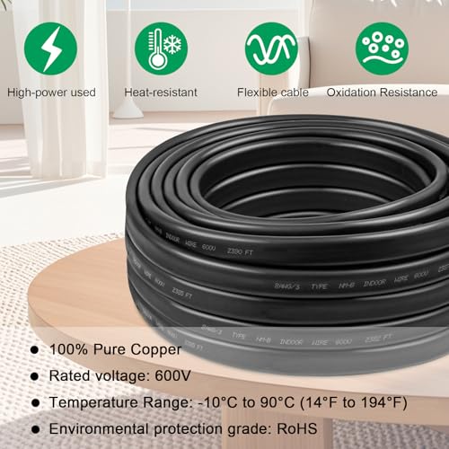 8/3 Wire with Ground - 10FT NM-B 8 Gauge Non-Metallic Sheathed Cable 100% Pure Copper 8 AWG 3 Conductor Residential Indoor Wire for Outlets, Switches, Other Loads and Lighting Wiring Projects etc. - size: 10FT, style: 8AWG/3