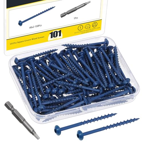 100Pcs Pocket Hole Screws, #8 x 2 Anti-Rust Blue Coated Exterior Wood Screws, Coarse Thread Washer Head Square Drive, 50MM Drive Bit Included - size: #8 x 2"