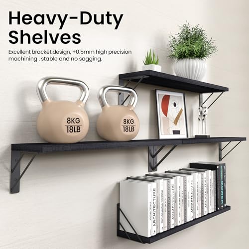 BAYKA Wall Mounted Floating Shelves, Wood, Black, Set of 4, 23in - color: A. Black Board & Black Brackets, size: 23-inch Uniform