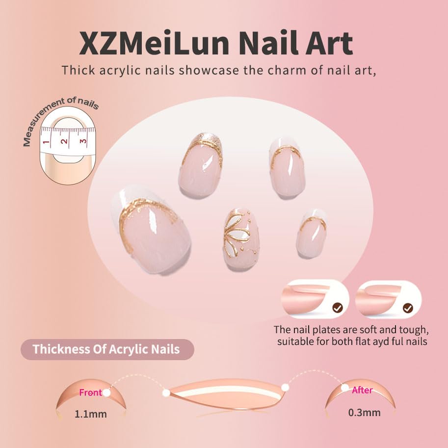 3D Gold Line French Tips Press On Nails Oval Short, White Flower French Tip Designer Reusable Acrylic Nails Press Ons, Fake Nails With Glue On Nail, Daily Wear Floral False Nails For Women - color: Q-1889, size: 24 Pieces (Pack of 1)