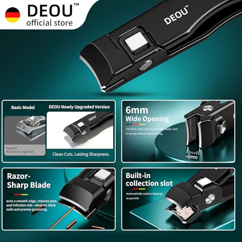 DEOU Nail Clippers Set, Stainless Steel Manicure Kit for Thick Hard Ingrown Nails, Anti-Splash with Nail File, Portable Keyhole Design, Gift Box for Home Travel (Black, Diagonal Cut + Straight Cut) - color: Black, Diagonal Cut + Straight Cut