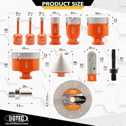 BGTEC Diamond Core Drill Bit 12PCS, Tile Hole Saw Kit 1/4" - 2-1/2" - size: 12 pcs - 6/6/8/19/35/50/65mm & 115mm Blade, style: Flash Toothed