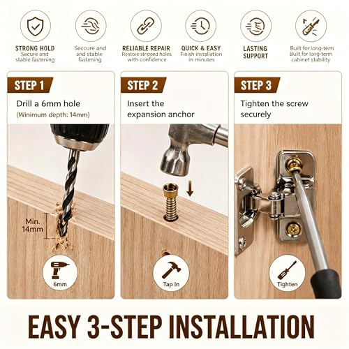 50pcs 6×14mm Short Expansion Screw Set for Cabinet Hinge Repair & Stripped Thread Restoration,Wall Anchors with Screws, Fits 6mm Holes in Tile, Stone, Wood