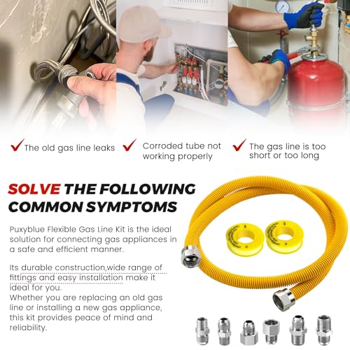 Puxyblue [2026 NEW] 48" Flexible Gas Line Kit for Dryer Stove Range Flexible Stainless Steel Gas Dryer Kit - 5/8" OD(1/2" ID) Dryer Gas Line with Connector 3/4" FIP & 1/2" MIP & 3/4" MIP Fitting