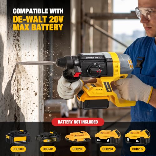 SDS Plus Cordless Rotary Hammer Drill for De-walt 20v Max Battery, Hammer Drill 20v Brushless for Concrete/Masonry/Wood/Metal, Rotomartillo, 4 Functions, 5 Drills with Gloves (Battery Not Included) - color: Yellow