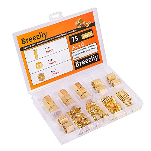 1/4 Inch OD Brass Compression Insert,Sleeve Ferrule,Nut 75PCS - size: 75 pcs, 1/4"