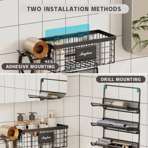 Magheo Hair Dryer Holder Wall Mounted, Adheisve Hair Styling Tool Organizer for hair Brush/Appliance Wall Mount with 5 Tier Shelf Basket Hooks Blow Dryer and Straightener Holder for Bathroom(Black) - color: Black