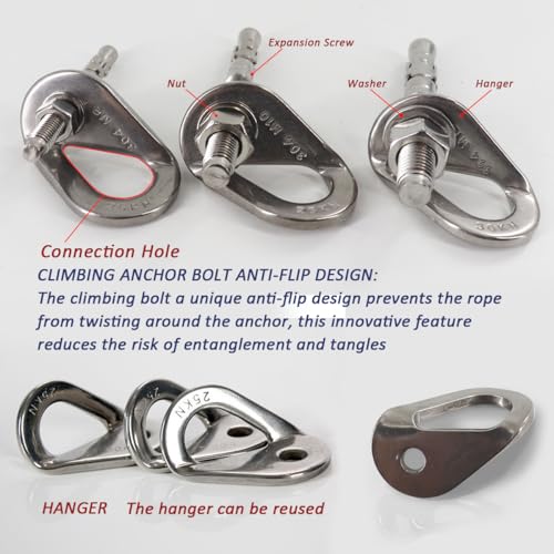 304 Stainless Steel Climbing Anchor Bolt, 25-30KN Rock Climbing Bolt Hanger, M10 and M12 Climb Fastening Bolt Safe Fixed Point, 4 Set Rock Climbing Holds