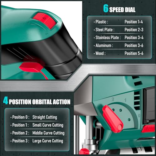 HYCHIKA 6.7A 800W Corded Jig Saw, Jigsaw Tool Power Jig Saws,6‑Speed Up to 3000 SPM, 4 Orbital Settings, Laser Guide, ±45° Bevel Cutting, Tool‑Free Blade Change, 6 Blades for Wood Metal Plastic