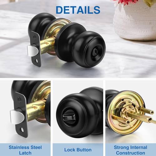 Privacy Door Knob, 5 Pack Black Round Keyless Doorknobs Interior Lockset - color: Matte Black