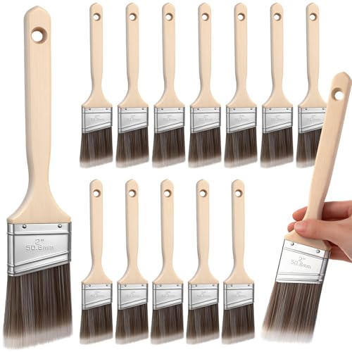 12 Pack Angle Sash Paint Brushes Treated Easy to Grip Wood Handle Synthetic Bristles Smooth Finishes Paint Brushes for Stain Wall Trim Painting Furniture(2 Inch) - size: 2 Inch