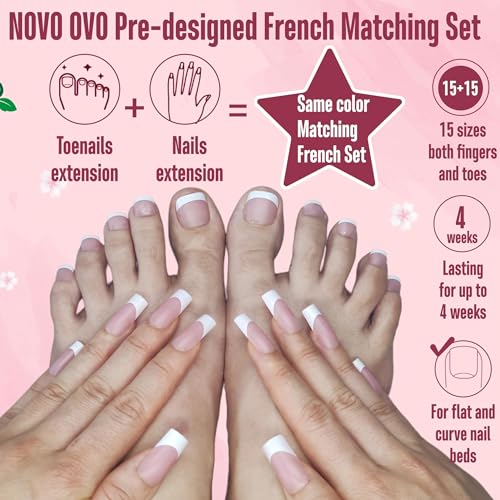 NOVO OVO French Tip Matching Press on Nail tips set, BERRY PINK Square Finger and Square Round Toe Nail Tips kit, Soft Gel Nail Extension, Pre-applied Tip Primer & Matte Base Coat x 15 Sizes 360 pcs - color: Berry Pink Hand and Foot Set