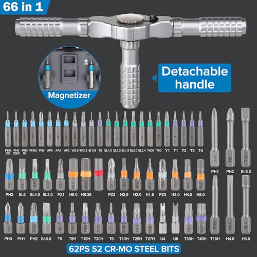 66 in 1 Magnetic Screwdriver, Ratchet Screwdriver Set, S2 Steel Bits with Ratchet T Handle Multi-Bit Tool Set for Furniture Assembly, Appliance Repair