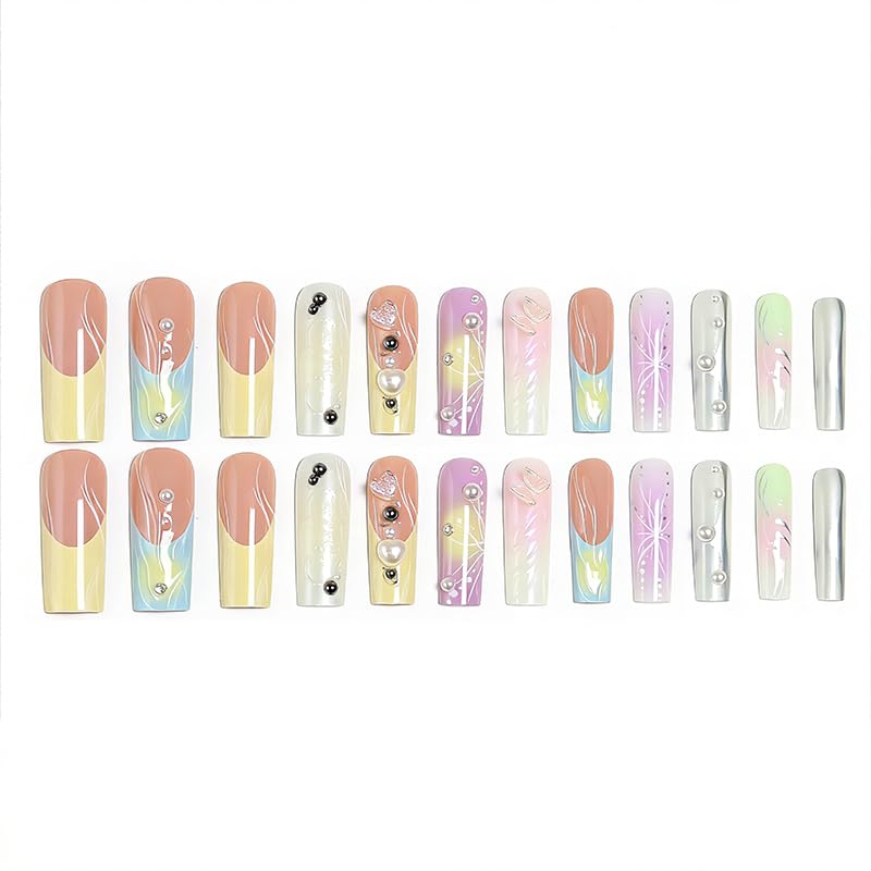 3D Press on Nails Almond - Long French Tip Fake Nails with Embossed Love&White Bead Designs, Glossy Finish Reusable False Nails for Women Manicure(3D Embossed design 16) - color: 3D Embossed design 16