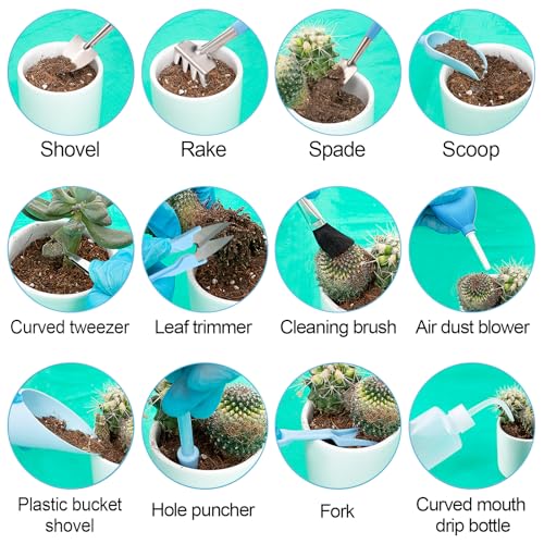 ANPHSIN 20pcs Small Gardening Tools Gifts for Women Beginners, Blue | Garden Hand Tools Set for Indoor Succulent Bonsai Plants Transplanting, Included 39" Plant Repotting Mat/Mini Shovel/Labels - color: Blue