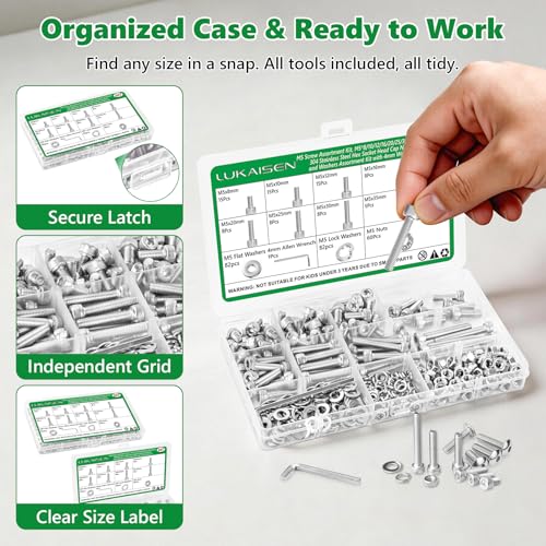 307 Pcs M5 Hex Socket Cap Screws Nuts Flat Washers Kit, 304 SS - size: SS M5 307pcs 3