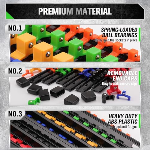 SWANLAKE Socket Organizer Set 18-Piece, 1/4-Inch x 96 Clips, 3/8-Inch x 90 Clips, 1/2-Inch x 72 Clips, Socket Organizer for Tool Box Drawer, Drive Socket Trays, Socket Holder Clip Rail - style: 18 PCS