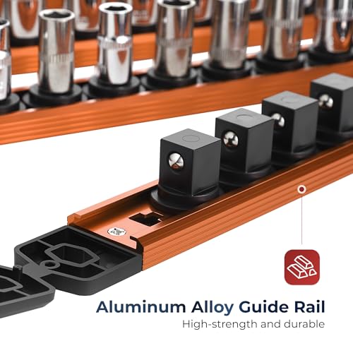 Reniteco Magnetic Socket Organizer, 3/8” Aluminum Alloy Rail, 14 Clips - color: Orange, size: 3/8-inch Drive