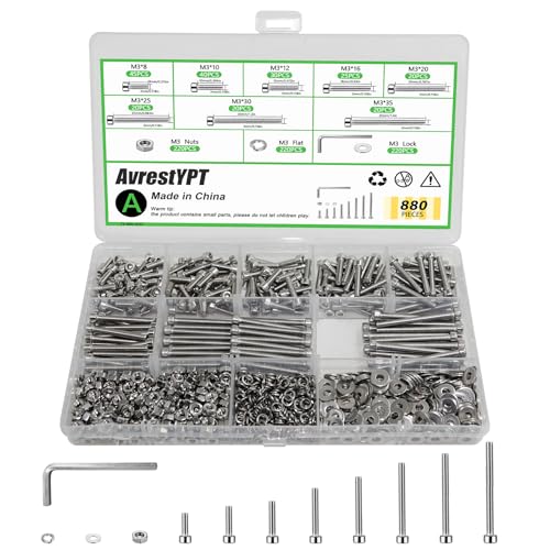 880Pcs M3 Screws Assortment, Hex Socket Head Cap Screw Bolts Nuts Washer Kit, Stainless Steel,8-Sizes M3x8/10/12/16/20/25/30/35mm Screws for 3D Printer DIY - size: M3 x 8/10/12/16/20/25/30/35-880Pcs