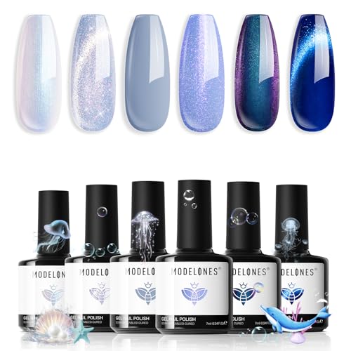 modelones Blue Gel Nail Polish Set 6 Color, Light Dark Blue White Galaxy - color: A A A2 Icy Blue Gala