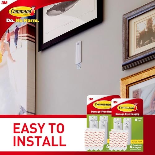 Command Sawtooth Picture Hangers, Damage Free Hanging Frame Hangers, No Tools Wall Hooks for Hanging Sawtooth Frames in Living Spaces, 8 White Picture Frame Hangers and 16 Command Strips - size: 2 Pack