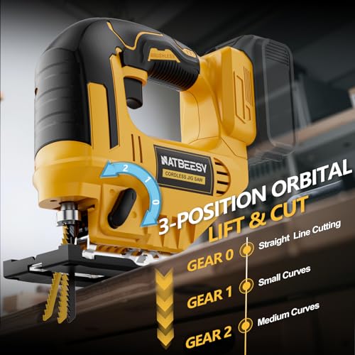 Jig Saw Compatible With Dewalt 20V Battery, NATBEESY Brushless Cordless jig saw tool, LED Work Light, 45° Beveled Cuts, Variable Speed 2900RPM, 3 Orbital Action, 6 Blades for Wood Cutting, Tool Only