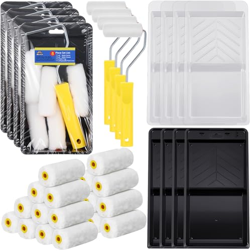 Menkxi 32 Pack 4 Inch Paint Roller Kit Including 4" Mini Small Foam Roller Covers Frame Tray and Liner for Painting Staining Results Home DIY Crafts Holiday Party