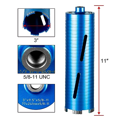 SALI Diamond Core Drill Bits 3" Diameter 10"/254mm Drilling Depth 5/8-11" Thread Core Bit Turbo Laser-Welded Segments for Cured Concrete with Brick, Block, Masonry, with Two Adapters - size: 3 inch