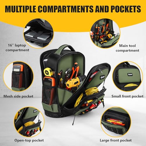 Tool Backpack, UUP Heavy Duty Tool Bag, Large Empty Toolbag Organizer with Waterproof Molded Hard Bottom, Utility Tool Laptop Storage Back Pack, HVAC Technician Electrician Construction Men Dad Gift