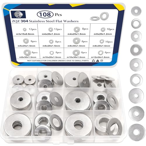 ZQZ 180Pcs Stainless Steel Flat Washers Assortment Kit;Fender Washer M3-M12 - size: 12 Sizes 108 Pieces