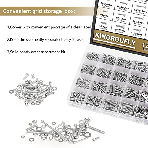 1285 Pieces M2 M2.5 M3 M4 Phillips Pan Head Machine Screws Nuts Washers Assortment Kit, 304 Stainless Steel, Fully Machine Thread - size: M2 M2.5 M3 M4