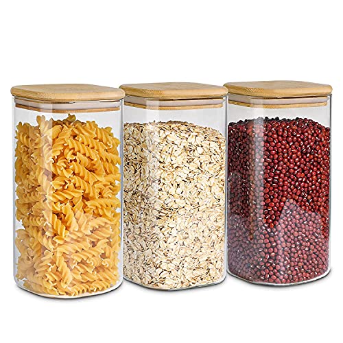 ComSaf Glass Storage Containers with Lids 1.6 Qt, Set of 3 Food Storage Jar | Square Kitchen Canisters, Glass Pantry Jars, Pantry Organizers, Dry Food Storage, Tea, Oat, Spice, Coffee, Cereal, BPA Free - size: 1.6Qt*3