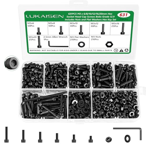 631PCS M3 Hex Socket Head Cap Screws, 12.9 Alloy Steel Bolts Kit - size: M3 631pcs 3