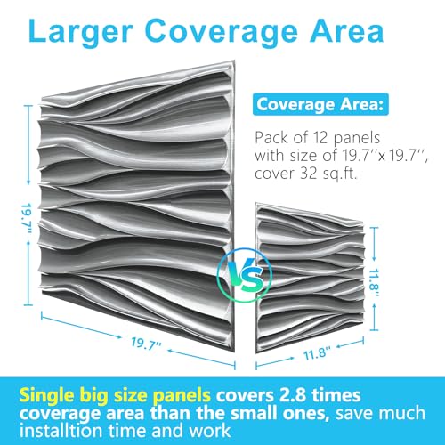 STICKGOO Wave 3D Wall Panels, Brushed Silver, 19.7''x19.7'', Pack of 12 - color: Deep Brushed Silver