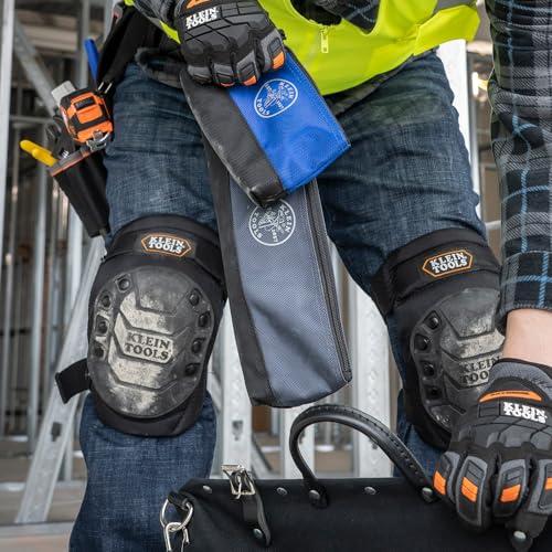 Klein Tools 55559 Stand-Up Zipper Bag Tool Pouch with Carabiners, 7-Inch Blue and 14-Inch Gray Utility Bags with Reinforced Bottom, 2-Pack