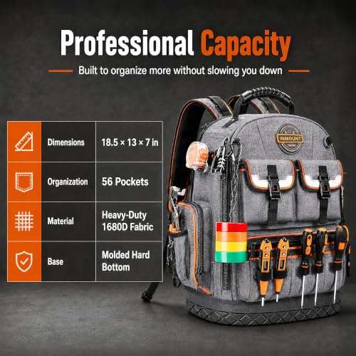 LOKASS Tool Backpack Heavy Duty, 18.5 in, 56 Pockets, Molded Bottom, Gray - color: Gray
