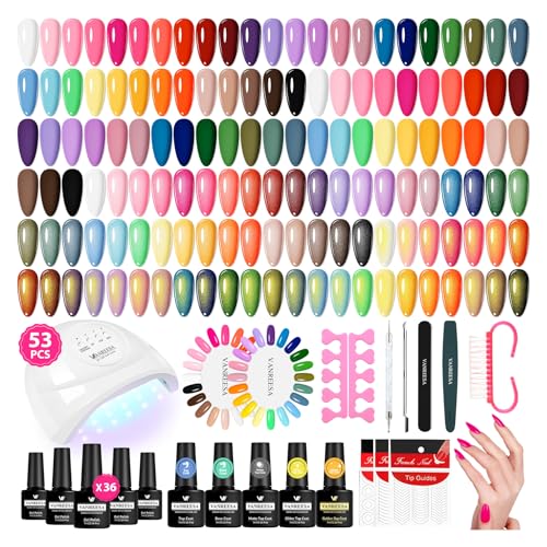 VANREESA Gel Nail Polish Kit with U V Light 53 Pcs Gel Polish Nail Set 36 Popular Colors Nail Polish Set + Base and 4 Effects Top Coat with Manicure Tools Complete Nail Kit Gifts for Women Girls - color: Champagne Roses